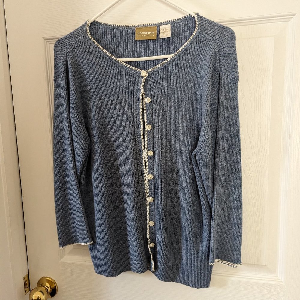Liz Claiborne Denim-Blue Cardigan with Cream Trim